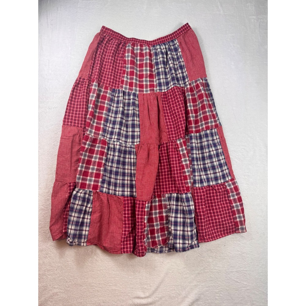 Edgewater Patchwork Plaid Tiered Midi Skirt Red Blue Cotton Boho Cottagecore L